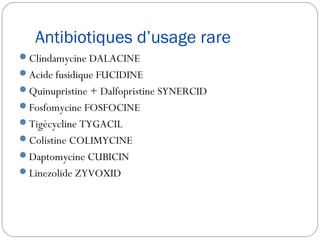 Antibiotiques d’usage rare
Clindamycine DALACINE
Acide fusidique FUCIDINE
Quinupristine + Dalfopristine SYNERCID
Fosfomycine FOSFOCINE
Tigécycline TYGACIL
Colistine COLIMYCINE
Daptomycine CUBICIN
Linezolide ZYVOXID
 