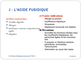 J - L'ACIDE FUSIDIQUE
21/03/16Dr Didouh Mostafa pharmaco IP 201150
b) Effets indésirables
 Troubles digestifs
 Allergies
 Intolérance veineuse si injection trop
rapide
 Hépatites
c) Contre indications
 Allergie au produit
 Insuffisance hépatique
 Grossesse
 Allaitement (innocuité non établie)
d) Précautions
 Surveiller les fonctions rénales chez
les insuffisants hépatiques, les
personnes âgées et les nouveaux
nés.
 À associer si infections sévères :
pénicillines, aminosides,
Vancomycine
 Administrer au cours des repas.
 
