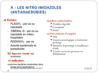 K - LES NITRO-IMIDAZOLES
(ANTIANAEROBIES)
21/03/16Dr Didouh Mostafa pharmaco IP 201153
d) Effets indésirables
Troubles digestifs
Leucopénie
Prurit
e) Précautions d'emploi
NFS
Examen neurologique si traitement
prolongé
Diminuer la posologie si insuffisance
rénale
À éviter en cas de grossesse ou
d'allaitement
a) Formes
 FLAGYL : per os ou
injectable .
 TIBÉRAL ® : per os ou
injectable en milieu
hospitalier
 RODOGYL : per os
 Activité bactéricide et
parasiticide.
b) Spectre étroit :les
anaérobie
c) indication :
contre les bactéries anaérobies dans
toutes leurs localisations
s
 