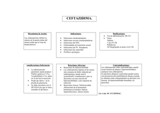 CEFTAZIDIMA.



    Mecanismos de Acción:                            Indicaciones:                                      Dosificaciones:
                                                                                               Vía de administración: IM, EV.
Las cefalosporinas inhiben la              Infecciones intrahospitalarias.                    Dosis:
síntesis de la pared celular del           Infecciones severas extrahospitalarias.             Adultos:
mismo modo que el resto de                 Infecciones del SNC.                                1-2g c/8-12h.
betalactámicos                             Enfermedades de trasmisión sexual.                  Pediátricos:
                                           Infecciones por Ps. Aeruginosa.                     30-50mg/kg/día en dosis c/6,8-12h.
                                           Infecciones por anaerobio.
                                           Profilaxis quirúrgica.




   consideraciones Enfermería:                    Reacciones Adversas:                                    Contraindicaciones:
                                           Reacciones de hipersensibilidad.             Las cefalosporinas están contraindicadas cuando
        La administración                 Las cefalosporinas figuran en las causas     existe historia de alergia o hipersensibilidad a
         parenteral puede producir:         más comunes de fiebre inducida por           cualquier otra cefalosporina.
         Flebitis química (1-5%),           medicamentos, puede ocurrir                  En pacientes alérgicos a penicilina pueden usarse
         Tromboflebitis (1%), dolor         eosinofilia4%, trombocitocis, pero se        con precaución por posibilidad de alergia cruzada,
         en el sitio de la inyección.       desconoce sea una reacción de                no obstante están contraindicadas en pacientes con
        Puede dar falsos + en la           hipersensibilidad, o una respuesta de        historia de hipersensibilidad inmediata a la
         prueba de glucosuria.              infección.                                   penicilina.
        No debe mezclarse con el          Reacciones tóxicas: Nefrotoxicidad.
         HCO3NA por que se torna            Alteraciones de la hemostasia.
         inestable en ph básico.            Intolerancia al alcohol, Diarrea.
                                            Superinfecciones, efectos locales.
                                                                                       Lic: Luis. M- UCI-HNDAC.
 