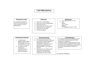 CEFTRIAXONA.



    Mecanismos de Acción:                            Indicaciones:                                      Dosificaciones:
                                                                                               Vía de administración: EV, IM.
Las cefalosporinas inhiben la              Infecciones intrahospitalarias.                    Dosis:
síntesis de la pared celular del           Infecciones severas extrahospitalarias.             Adultos:
mismo modo que el resto de                 Infecciones del SNC.                                1-2g c/12-24h.
betalactámicos                             Enfermedades de trasmisión sexual.                  Pediátricos:
                                           Infecciones por Ps. Aeruginosa.                     50-75mg/kg/día en dosis c/12-24h.
                                           Infecciones por anaerobio.
                                           Profilaxis quirúrgica.




   consideraciones Enfermería:                    Reacciones Adversas:                                    Contraindicaciones:
                                           Reacciones de hipersensibilidad.             Las cefalosporinas están contraindicadas cuando
        La administración                 Las cefalosporinas figuran en las causas     existe historia de alergia o hipersensibilidad a
         parenteral puede producir:         más comunes de fiebre inducida por           cualquier otra cefalosporina.
         Flebitis química (1-5%),           medicamentos, puede ocurrir                  En pacientes alérgicos a penicilina pueden usarse
         Tromboflebitis (1%), dolor         eosinofilia4%, trombocitocis, pero se        con precaución por posibilidad de alergia cruzada,
         en el sitio de la inyección.       desconoce sea una reacción de                no obstante están contraindicadas en pacientes con
        Las diarreas son más               hipersensibilidad, o una respuesta de        historia de hipersensibilidad inmediata a la
         frecuentes con                     infección.                                   penicilina.
         cefalosporinas que se             Reacciones tóxicas: Nefrotoxicidad.
         excretan por la bilis              Alteraciones de la hemostasia.
         incluye la ceftriaxona.            Intolerancia al alcohol, Diarrea.
                                            Superinfecciones, efectos locales.
                                                                                       Lic: Luis. M- UCI-HNDAC.
 