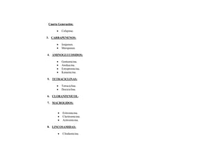 Cuarta Generación:

          Cefepime.

3. CARBAPENENOS:

          Imipenen.
          Meropenen.

4. AMINOGLUCOSIDOS:

          Gentamicina.
          Amikacina.
          Estreptomicina.
          Kanamicina.

5. TETRACICLINAS:

          Tetraciclina.
          Doxiciclina.

6. CLORANFENICOL.

7. MACROLIDOS:


          Eritromicina.
          Claritromicina.
          Azitromicina.

8. LINCOSAMIDAS:

          Clindamicina.
 