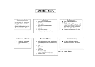 AZITROMICINA.



    Mecanismos de Acción:                         Indicaciones:                                         Dosificaciones:
                                       Infecciones respiratorias altas.                        Vías de administración: V.O.
Los Macrólidos son antibióticos        Sinusitis.                                              Dosis:
principalmente bacteriostáticos        Otitis media.                                            Adultos: 500mg c/24h. (para el tto de
que inhiben la síntesis proteica       Infecciones respiratorias bajas.                         Las ETS por clamidias o gonococos
mediante su unión reversible a la      Pertusis.                                                Susceptibles: 1g como dosis única).
subunidad ribosómica 50-s.             Difteria.                                                Niños: 10mg VO c/24h.
                                       Infecciones cutáneas.                                   Duración del tratamiento: 3-5 días.
                                       Profilaxis de la fiebre reumática.




  consideraciones Enfermería:                Reacciones Adversas:                                      Contraindicaciones:

        No se debe administrar        Reacciones alérgicas: fiebre, eosinofilia, y            La única contraindicación es la
         junto con alimentos            signos de hipersensibilidad cutánea (rash).              hipersensibilidad a los Macrólidos.
         (30min antes o después).      Hepatotoxicidad.
                                       TGI.
                                       Pancreatitis.
                                       Cefalea.
                                       Otoxicidad.
                                       Hematotoxicidad.
                                                                                       Lic: Luis. M- UCI-HNDAC.
                                       Efectos metabólicos y endocrinos.
                                       Nefrotoxicidad.
 
