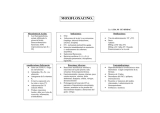 MOXIFLOXACINO.


                                                                                                Lic: LUIS. M- UCI-HNDAC.

 Mecanismos de Acción:                               Indicaciones:                                    Dosificaciones:
  Las fluoroquinolonas,                 NAC.
    actúan inhibiendo la                  Infecciones de la piel y sus estructuras            Vías de administración: EV y VO.
    girasa del ácido                      (impétigo, abcesos furunculosos,                     Dosis:
    desoxirribonucleico                   celulitis, erisipela).                                Adultos:
    bacteriano ADN                       ITU, incluyendo pielonefritis aguda.                  400mg c/24h 7días VO.
    (topoisomerasa tipo II y             Infección intraabdominal en asociación                400mg c/24 14días EV. Pasando
    III).                                 c/ medicamentos de cobertura                          Posteriormente a la vía oral.
                                          anaeróbica.
                                         Septicemia/Bacteremia
                                         Bacterias aeróbicas G (+) y G (-),
                                          chlamydia pneumoniae, micoplasma,
                                          legionella.

consideraciones Enfermería:                     Reacciones Adversas:                                   Contraindicaciones:
  Junto con AINES ↑ riesgo              Reacciones anafilácticas similares y                 Hipersensibilidad a levofloxacina u otras
     de convulsiones.                     reacciones de la piel (prurito, rash,                 Quinolonas o algún componente de la
  Antiácidos, He, Zn, ↓ su               urticarias, broncoespasmo/disnea.                     fórmula.
     absorción.                          Gastrointestinales: náuseas, diarreas, poco          Menores de 18 años.
  Antagonista de la vitamina             común anorexia, vómitos, dolor                       Desordenes del SNC ( epilepsia,
     K.                                   abdominal, dispepsia, cefalea, vértigos,              arterosclerosis)
  Evitar la exposición a la              desvanecimiento.                                     Pacientes c/ trastornos del tendón,
     luz solar o rayos UV.               Prolongación del intervalo QT en                      relacionado c/ administración de
  Administración EV                      pacientes c/hipocalcemia concomitante,                fluoroquinolonas.
     infusión 60min.                      náuseas, anomalías en las pruebas del                Embarazo y lactancia.
  Produce reacciones                     funcionalismo hepático, alteraciones del      .
     locales: dolor en el sitio de        gusto, vértigo.
     inyección, inflamación,
     tromboflebitis.
 