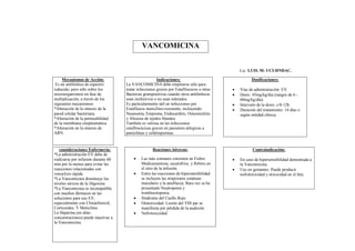 VANCOMICINA


                                                                                               Lic: LUIS. M- UCI-HNDAC.

     Mecanismos de Acción:                              Indicaciones:                                Dosificaciones:
 Es un antibiótico de espectro       La VANCOMICINA debe emplearse sólo para
reducido, pero sólo sobre los        tratar infecciones graves por Estafilococos u otras      Vías de administración: EV.
microorganismos en fase de           Bacterias grampositivas cuando otros antibióticos        Dosis: 45mg/kg/día (rangos de 6 -
multiplicación, a través de los      sean inefectivos o no sean tolerados.                     60mg/kg/día).
siguientes mecanismos:               Es particularmente útil en infecciones por               Intervalo de la dosis: c/8-12h.
*Alteración de la síntesis de la     Estafilocos meticilino-resistente, incluyendo:           Duración del tratamiento: 14 días o
pared celular bacteriana.            Neumonía, Empiema, Endocarditis, Osteomielitis            según entidad clínica.
*Alteración de la permeabilidad      y Abcesos de tejidos blandos.
de la membrana citoplasmática.       También es valiosa en las infecciones
*Alteración en la síntesis de        estafilocócicas graves en pacientes alérgicos a
ARN.                                 penicilinas y cefalosporinas.


   consideraciones Enfermería:                       Reacciones Adversas:                             Contraindicación:
*La administración EV debe de
realizarse por infusión durante 60           Las más comunes consisten en Fiebre             En caso de hipersensibilidad demostrada a
min por lo menos para evitar las              Medicamentosa, escalofríos, y flebitis en        la Vancomicina.
reacciones relacionadas con                   el sitio de la infusión.                        Uso en gestantes: Puede producir
venoclisis rápida.                           Entre las reacciones de hipersensibilidad        nefrotoxicidad y otoxicidad en el feto.
*La Vancomicina disminuye los                 se incluyen las erupciones cutáneas
niveles séricos de la Digoxina.               maculares y la anafilaxia. Rara vez se ha
*La Vancomicina es incompatible               presentado Neutropenia y
con muchos fármacos en las                    trombocitopenia.
soluciones para uso EV,                      Síndrome del Cuello Rojo.
especialmente con Cloranfenicol,             Ototoxicidad: Lesión del VIII par se
Corticoides, Y Meticilina.                    manifiesta por pérdida de la audición.
La Heparina (en altas                        Nefrotoxicidad.
concentraciones) puede inactivar a
la Vancomicina.
 