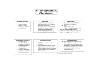 NITROFURANTOINA.
                                     (Macrodantina).


 Mecanismos de Acción:                          Indicaciones:                                          Dosificaciones:
                                     La nitrofurantoina está aprobada solo                    Vías de administración: V.O (De
    Es poco conocida.                para el tratamiento de ITUs agudas no                     preferencia con alimentos).
     Bloquea la Acetil                complicadas causadas por                             Dosis:
     Coenzima A e inhibe la           microorganismos con susceptibilidad                      Adultos: 100mg c/8h.
     Síntesis proteica.               comprobada al fármaco. También se la                     Niños: 5-7mg/kg/día en dosis c/6-8h.
                                      utilizado para evitar infecciones               Pero para la prevención de infección
                                      recurrentes y para la prevención de             urinaria solo se toma 100mg en la noche en el
                                      Bacteriuia después de prostatectomía.           adulto, o de 1mg/kg/día en el niño c/12h.




consideraciones Enfermería:                Reacciones Adversas:                                      Contraindicaciones:
  La asociación con                                                                         Está contraindicado en pacientes con
     Quinolonas de primera           TGI: Irritación gastrointestinal.                       historia de hipersensibilidad o reacción
     generación es Antagónica.       Polineuritis.                                           adversa al fármaco, o con una alteración
  El Probenecid reduce la           Hipersensibilidad (Exantema, Edema,                     importante de la función renal, así como
     eliminación de la                Angioneurótico, Asma, Neumonitis,                       en recién nacidos y prematuros, quienes
     nitrofurantoina,                 Fiebre, Artralgias, Ictericia, Colestásica,             también pueden desarrollar niveles
  Se debe de administrar             Hepatitis crónica activa; Eosinofilia o                 sanguíneos tóxicos.
     junto con los alimentos de       Granulocitopenia.
     preferencia con lácteos.
                                                                                    Lic: Luis. M- UCI-HNDAC.
 