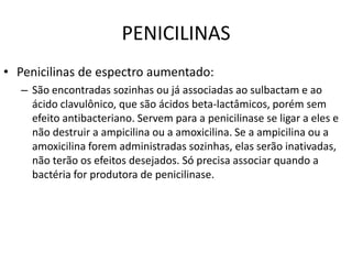 PENICILINAS
• Penicilinas de espectro aumentado:
   – São encontradas sozinhas ou já associadas ao sulbactam e ao
     ácido clavulônico, que são ácidos beta-lactâmicos, porém sem
     efeito antibacteriano. Servem para a penicilinase se ligar a eles e
     não destruir a ampicilina ou a amoxicilina. Se a ampicilina ou a
     amoxicilina forem administradas sozinhas, elas serão inativadas,
     não terão os efeitos desejados. Só precisa associar quando a
     bactéria for produtora de penicilinase.
 