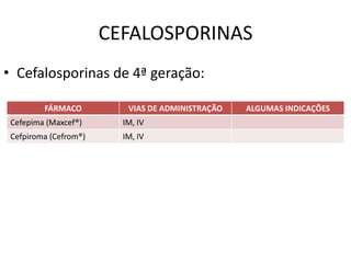 CEFALOSPORINAS
• Cefalosporinas de 4ª geração:

         FÁRMACO          VIAS DE ADMINISTRAÇÃO   ALGUMAS INDICAÇÕES
 Cefepima (Maxcef®)      IM, IV
 Cefpiroma (Cefrom®)     IM, IV
 