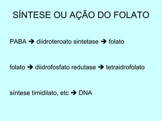 SÍNTESE OU AÇÃO DO FOLATO PABA    diidroteroato sintetase    folato folato    diidrofosfato redutase    tetraidrofolato síntese timidilato, etc    DNA 