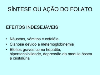 SÍNTESE OU AÇÃO DO FOLATO EFEITOS INDESEJÁVEIS Náuseas, vômitos e cefaléia Cianose devido a metemoglobinemia Efeitos graves como hepatite, hipersensibilidade, depressão da medula óssea e cristalúria 