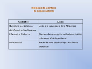 Antibiótico                               Acción
Quinolona (ac. Nalidixico,      Unión a la subunidad a de la ADN girasa
ciprofloxacino, levofloxacino
Rifampicina Rifabutina          Bloquean la transcripción uniéndose a la ARN-
                                pollmerasa ADN-dependiente
Metronidazol                    Rotura del ADN bacteriano (su metabolito
                                citotóxico)
 