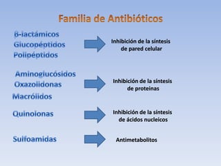 Inhibición de la síntesis
    de pared celular




Inhibición de la síntesis
      de proteinas


Inhibición de la síntesis
  de ácidos nucleicos


 Antimetabolitos
 