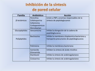 Familia         Antibiótico                       Acción
                Penicilina     Unión a PBP y enzimas responsables de la
β-lactámicos    Cefalosporina  síntesis de peptidoglucanos
                Cefamicina
                Carbapenémicos
                Monobactan
Glucopéptidos   Vancomicina    Inhibe la elongación de la cadena de
                               peptidoglucanos
                Bacitracina      Inhibe la membrana citoplasmíca bacteriana y
Polipéptidos                     transporta precursores de peptidoglucanos


                Polimixina       Inhibe la membrana bacteriana
                Isoniacida       Inhiben la síntesis de ácido micólico
                Etionamida
                Etambutol        Inhibe la síntesis de arabinogalactano
                Cicloserina      Inhibe la síntesis de arabinogalactano
 