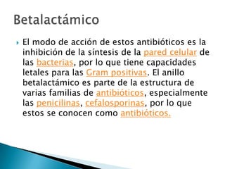    El modo de acción de estos antibióticos es la
    inhibición de la síntesis de la pared celular de
    las bacterias, por lo que tiene capacidades
    letales para las Gram positivas. El anillo
    betalactámico es parte de la estructura de
    varias familias de antibióticos, especialmente
    las penicilinas, cefalosporinas, por lo que
    estos se conocen como antibióticos.
 
