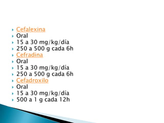    Cefalexina
   Oral
   15 a 30 mg/kg/día
   250 a 500 g cada 6h
   Cefradina
   Oral
   15 a 30 mg/kg/día
   250 a 500 g cada 6h
   Cefadroxilo
   Oral
   15 a 30 mg/kg/día
   500 a 1 g cada 12h
 