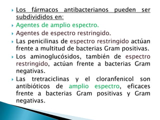    Los fármacos antibacterianos pueden ser
    subdivididos en:
   Agentes de amplio espectro.
   Agentes de espectro restringido.
   Las penicilinas de espectro restringido actúan
    frente a multitud de bacterias Gram positivas.
   Los aminoglucósidos, también de espectro
    restringido, actúan frente a bacterias Gram
    negativas.
   Las tretraciclinas y el cloranfenicol son
    antibióticos de amplio espectro, eficaces
    frente a bacterias Gram positivas y Gram
    negativas.
 