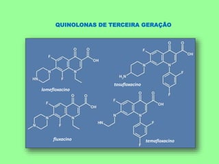 lomefloxacino
tosufloxacino
fluxacino temafloxacino
QUINOLONAS DE TERCEIRA GERAÇÃO
 