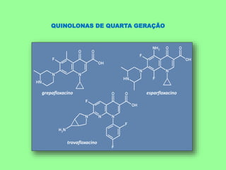 QUINOLONAS DE QUARTA GERAÇÃO
grepafloxacino esparfloxacino
trovafloxacino
 