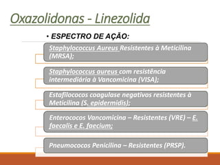 Oxazolidonas - Linezolida
Staphylococcus Aureus Resistentes à Meticilina
(MRSA);
Staphylococcus aureus com resistência
intermediária à Vancomicina (VISA);
Estafilococos coagulase negativos resistentes à
Meticilina (S. epidermidis);
Enterococos Vancomicina – Resistentes (VRE) – E.
faecalis e E. faecium;
Pneumococos Penicilina – Resistentes (PRSP).
• ESPECTRO DE AÇÃO:
 
