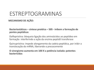 ESTREPTOGRAMINAS
MECANISMO DE AÇÃO:
Bacteriostáticos – síntese protéica – 50S - inibem a formação de
pontes peptídicas
Dalfopristina: bloqueia ligação dos aminoácidos ao peptídeo em
formação interferindo a ação da enzima peptidil transferase
Quinupristina: impede alongamento da cadeia peptídica, por inibir a
translocação do mRNA, liberando-a precocemente
O sinergismo aumenta em 100 X a potência isolada: potentes
bactericidas
 
