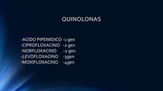 QUINOLONAS
-ACIDO PIPEMIDICO -1 gen
-CIPROFLOXACINO -2 gen
-NORFLOXACINO -2 gen
-LEVOFLOXACINO -3gen
-MOXIFLOXACINO -4gen
 