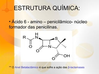 ESTRUTURA QUÍMICA:
• Ácido 6 - amino – penicilâmico- núcleo
formador das penicilinas.
** O Anel Betalactâmico é que sofre a ação das β-lactamases
 