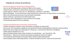 Inibição da síntese de proteínas
- Tetraciclinas (diversos Streptomyces)- Bacteriostática
- Atua na sub 30S bloqueando a entrada do tRNA no sítio aceptor.
- Clortetraciclina, tetraciclina, oxitetraciclina, doxiciclina, minociclina
- Amplo espectro . Bacilos e cocos G+ e G-. Micoplasmas, riquétsias e clamídeas.
- Baixa seletividade . In vitro tetraciclinas inibem igualmente a síntese prot. em procarióticos e eucarióticos
- Afeta mais células bacterianas que humanas (baixa toxocidade).
- Efeitos colaterais: supressão da microbiota (diarreias).
- Quelantes e cálcio: Deposição em ossos e dentes em formação.
- Contraindicada abaixo de 8 anos e grávidas.
- Cloranfenicol (Streptomyces venezuelae)- bacteriostático
- Sintético (mimetisa a natural)- custos mais baixos e produção em larga escala
- Atua na sub. 50 S impedindo a ligação de aminoácidos (formação de polipeptídeos) inibindo a síntese protéica
- Bactericida contra organismos capsulados (H. influenzae, S. pneumoniae, Neisseria meningitidis)
- Amplo espectro (bactérias G+ e G-)
- Baixa toxicidade seletiva (inibe síntese proteica nas mitocôndrias – sub. ribossômica 50S
- Nitrobenzeno – Depressor de medula óssea (baixa produção de células do sangue)
- Interrupção da administração interrompe efeitos colaterais (dose dependente)
- Anemia aplásica (não é dose dependente) , síndrome do bebê cinza (conc. tóxica de cloranfenicol)
 