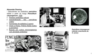 Penicillium chrysogenum
inibindo crescimento de
S. aureus
Alexander Fleming
- Descobridor do antibiótico penicilina
obtido a partir do fungo Penicillium
chrysogenum, 1928
Primeiro antibiótico natural
Industrialização das penicilinas
(1944)
Ferimentos de soldados 2 guerra
Chain e Florey- Prêmio Nobel (isolou
a penicilina)
Buscas por outros microorgaismos
com atividade antibiótica
3
 