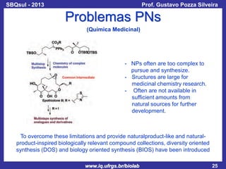 SBQsul - 2013

Prof. Gustavo Pozza Silveira

Problemas PNs
(Química Medicinal)

- NPs often are too complex to
pursue and synthesize.
- Sructures are large for
medicinal chemistry research.
- Often are not available in
sufficient amounts from
natural sources for further
development.

To overcome these limitations and provide naturalproduct-like and naturalproduct-inspired biologically relevant compound collections, diversity oriented
synthesis (DOS) and biology oriented synthesis (BIOS) have been introduced
www.iq.ufrgs.br/biolab

25

 