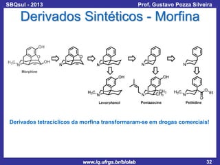 SBQsul - 2013

Prof. Gustavo Pozza Silveira

Derivados Sintéticos - Morfina

Derivados tetracíclicos da morfina transformaram-se em drogas comerciais!

www.iq.ufrgs.br/biolab

32

 