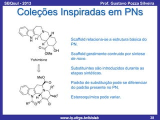 SBQsul - 2013

Prof. Gustavo Pozza Silveira

Coleções Inspiradas em PNs
Scaffold relaciona-se a estrutura básica do
PN.
Scaffold geralmente contruido por síntese
de novo.

Substituintes são introduzidos durante as
etapas sintéticas.
Padrão de substituição pode se diferenciar
do padrão presente no PN.
Estereoquímica pode variar.

www.iq.ufrgs.br/biolab

38

 