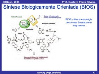 SBQsul - 2013

Prof. Gustavo Pozza Silveira

Síntese Biologicamente Orientada (BIOS)
BIOS utiliza a estratégia
de síntese baseada em
fragmentos

www.iq.ufrgs.br/biolab

43

 