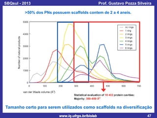 SBQsul - 2013

Prof. Gustavo Pozza Silveira

>50% dos PNs possuem scaffolds contem de 2 a 4 aneis.

Tamanho certo para serem utilizados como scaffolds na diversificação
www.iq.ufrgs.br/biolab

47

 