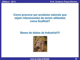 SBQsul - 2013

Prof. Gustavo Pozza Silveira

Como procurar por produtos naturais que
sejam interessantes de serem utilizados
como Scaffold?

Bases de dados da Industria!!!!

www.iq.ufrgs.br/biolab

48

 
