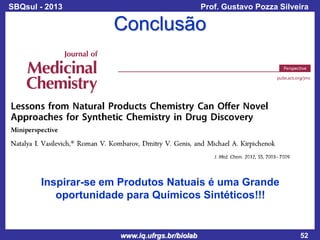 SBQsul - 2013

Prof. Gustavo Pozza Silveira

Conclusão

Inspirar-se em Produtos Natuais é uma Grande
oportunidade para Químicos Sintéticos!!!

www.iq.ufrgs.br/biolab

52

 