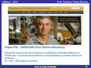SBQsul - 2013

Prof. Gustavo Pozza Silveira

Projeto PVE – CAPES/CNPq (Prof. Shahriar Mobashery)

Estudo de mecanismos de resistência a antibióticos aminoglicosídicos e blactâmicos – processos biossintéticos e de degradação da parede celular de
bactérias.
IH = 46. > 300 artigos científicos
www.iq.ufrgs.br/biolab

63

 