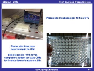SBQsul - 2013

Prof. Gustavo Pozza Silveira

Placas são incubadas por 18 h a 36 C

Placas são lidas para
determinação de CIM
Bibliotecas de ~100 novos
compostos podem ter suas CIMs
facilmente determinadas em 24h.

www.iq.ufrgs.br/biolab

65

 