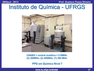 SBQsul - 2013

Prof. Gustavo Pozza Silveira

Instituto de Química - UFRGS

CNANO + central analítica = 5 RMNs
(2) 300MHz; (2) 400MHz; (1) 500 MHz

PPG em Química Nivel 7
www.iq.ufrgs.br/biolab

67

 