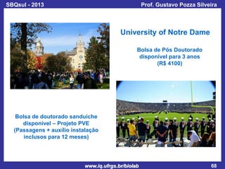 SBQsul - 2013

Prof. Gustavo Pozza Silveira

University of Notre Dame
Bolsa de Pós Doutorado
disponível para 3 anos
(R$ 4100)

Bolsa de doutorado sanduíche
disponível – Projeto PVE
(Passagens + auxílio instalação
inclusos para 12 meses)

www.iq.ufrgs.br/biolab

68

 