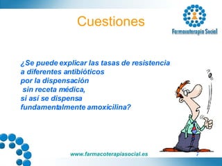 Cuestiones ¿Se puede explicar las tasas de resistencia  a diferentes antibióticos  por la dispensación sin receta médica,  si así se dispensa  fundamentalmente amoxicilina? 