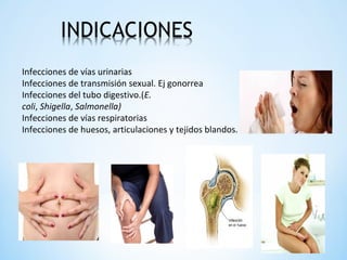 Infecciones de vías urinarias
Infecciones de transmisión sexual. Ej gonorrea
Infecciones del tubo digestivo.(E.
coli, Shigella, Salmonella)
Infecciones de vías respiratorias
Infecciones de huesos, articulaciones y tejidos blandos.
 