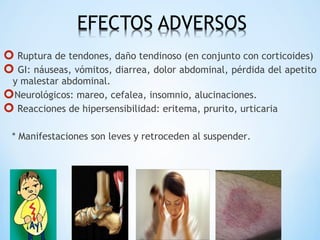  Ruptura de tendones, daño tendinoso (en conjunto con corticoides)
 GI: náuseas, vómitos, diarrea, dolor abdominal, pérdida del apetito
y malestar abdominal.
Neurológicos: mareo, cefalea, insomnio, alucinaciones.
 Reacciones de hipersensibilidad: eritema, prurito, urticaria
* Manifestaciones son leves y retroceden al suspender.
 