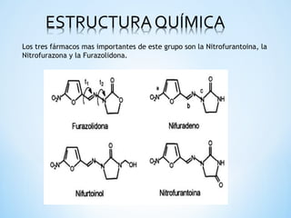 Los tres fármacos mas importantes de este grupo son la Nitrofurantoina, la
Nitrofurazona y la Furazolidona.
 