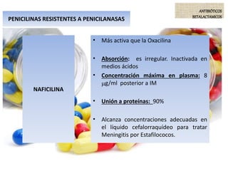 PENICILINAS RESISTENTES A PENICILANASAS
ANTIBIÓTICOS
BETALACTAMICOS
• Más activa que la Oxacilina
• Absorción: es irregular. Inactivada en
medios ácidos
• Concentración máxima en plasma: 8
g/ml posterior a IM
• Unión a proteínas: 90%
• Alcanza concentraciones adecuadas en
el líquido cefalorraquídeo para tratar
Meningitis por Estafilococos.
NAFICILINA
 