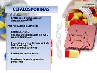 ANTIBIÓTICOS
BETALACTAMICOS
• Brotzu aislo Cephalosporium
acremonium en1984
PROPIEDADES QUÍMICAS:
Céfalosporina C
• Cadena lateral derivada del Ac D-
aminoadipidico α.
• Sistema de anillo lactamico β de
hidrotiazina (ac 7-
aminocefalosporinico)
• Estable en medio acido
• Fuertemente resistente a las
penicilinas
 