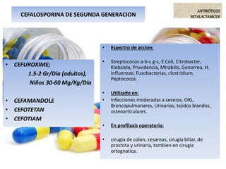 ANTIBIÓTICOS
BETALACTAMICOSCEFALOSPORINA DE SEGUNDA GENERACION
• CEFUROXIME;
1.5-2 Gr/Día (adultos),
Niños 30-60 Mg/Kg/Día
• CEFAMANDOLE
• CEFOTETAN
• CEFOTIAM
• Espectro de accion:
• Streptococos a-b-c g-s, E.Coli, Citrobacter,
Klebsiela, Providencia, Mirabilis, Gonorrea, H.
Influenzae, Fusobacterias, clostridium,
Peptococos.
• Utilizado en:
• Infecciones moderadas a severas. ORL,
Broncopulmonares, Urinarias, tejidos blandos,
osteoarticulares.
• En profilaxis operatoria:
• cirugia de colon, cesareas, cirugia biliar, de
prostota y urinaria, tambien en cirugia
ortognatica.
 