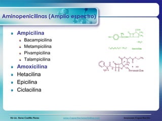 Aminopenicilinas (Amplio espectro)


         Ampicilina
                Bacampicilina
                Metampicilina
                Pivampicilina
                Talampicilina
         Amoxicilina
         Hetacilina
         Epicilina
         Ciclacilina




   EU-Lic. Rene Castillo Flores   www.CapacitacionesOnline.com   Innovares Capacitación
 