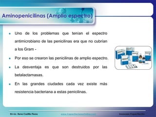 Aminopenicilinas (Amplio espectro)


       Uno de los problemas que tenían el espectro

       antimicrobiano de las penicilinas era que no cubrían

       a los Gram -

       Por eso se crearon las penicilinas de amplio espectro.

       La desventaja es que son destruidos por las

       betalactamasas.

       En las grandes ciudades cada vez existe más

       resistencia bacteriana a estas penicilinas.




   EU-Lic. Rene Castillo Flores   www.CapacitacionesOnline.com   Innovares Capacitación
 