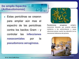 De amplio Espectro
(Antiseudomonas)

     Estas penicilinas se crearon
     para ampliar aún mas el
     espectro de las penicilinas                                   Pseudomonas             aeruginosa        patógeno
                                                                   nosocomial frecuente que presenta elevada
                                                                   resistencia   a   los   antimicrobianos   y   causa
     contra los bacilos Gram - y                                   infecciones graves cuando hay alteración de los
                                                                   mecanismos defensivos del paciente.
     controlar                   las   infecciones
     nosocomiales                        por           la
     pseudomona aeruginosa.




  EU-Lic. Rene Castillo Flores            www.CapacitacionesOnline.com                     Innovares Capacitación
 