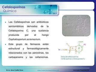 Cefalosporinas
Química


     Las Cefalosporinas son antibióticos
     semisintéticos                  derivados        de      la
     Cefalosporina                C,    una        sustancia
     producida                   por         el        hongo
     Cephalosporium acremonium.

     Este         grupo          de    fármacos         están
     estructural             y       farmacológicamente
     relacionados con las penicilinas, los
     carbapenems                 y     las    cefamicinas.




  EU-Lic. Rene Castillo Flores                    www.CapacitacionesOnline.com   Innovares Capacitación
 